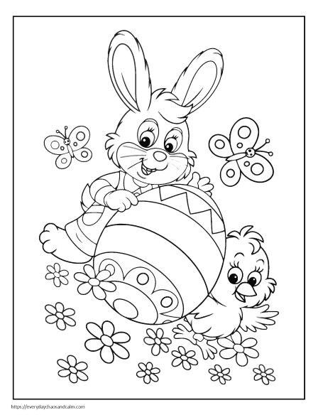 Easter Bunny, Chick and Large Egg Coloring Page